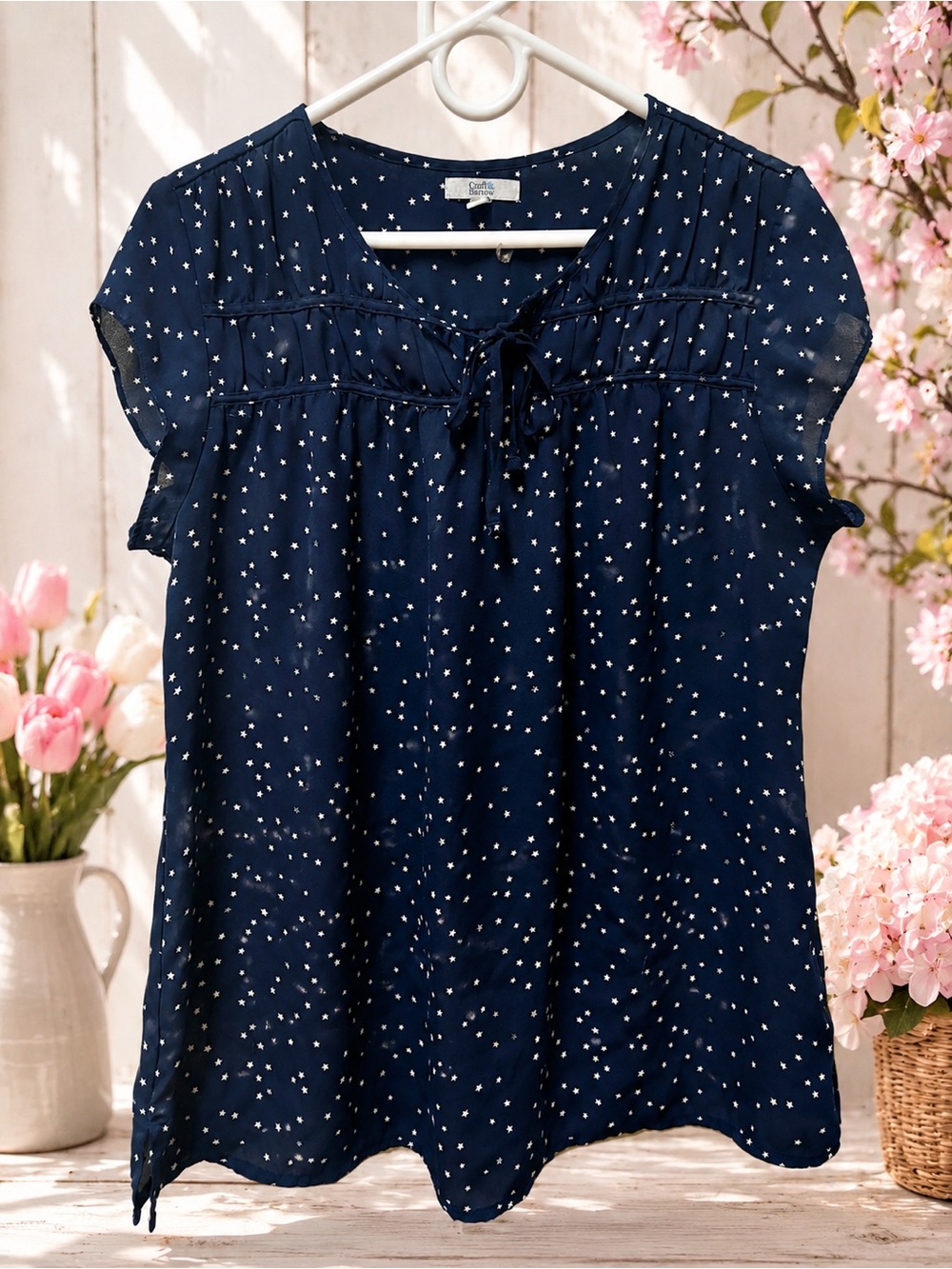 Croft & Barrow Women’s Navy Star-Print Short Sleeve Blouse - Classic Casual